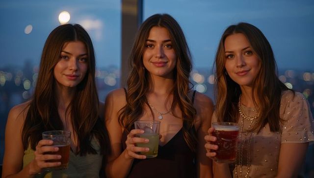 Three friends holding drinks on rooftop at dusk, smiling and chatting with city bokeh