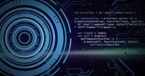 Blue Futuristic HUD Interface Featuring Concentric Rings, Code Overlay and Circuit Grid