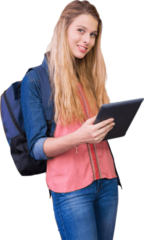 Smiling student holding tablet with transparent background