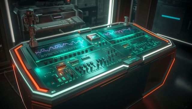 Futuristic lab console with dual waveform displays