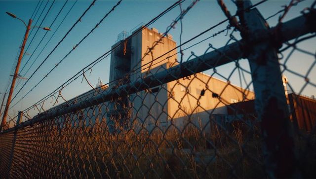 Industrial Silo with Barbed Wire Fence at Sunset