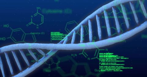 Digital dna strand against data processing background
