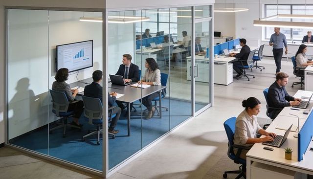 Corporate team discussing growth chart in glass conference room with open-plan modern workspace