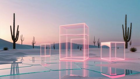 Neon Wireframe Cubes in Futuristic Desert Landscape at Dusk