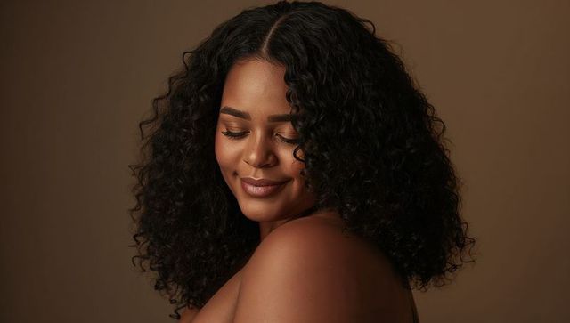 Serene smiling woman with curly hair posing with eyes closed on warm brown backdrop