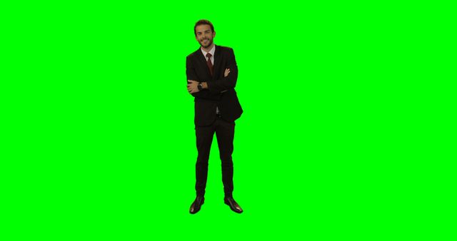 This image features a business professional man smiling against a solid green screen background. Ideal for use in marketing and promotional materials, presentations, websites, or digital backgrounds where the green screen can be replaced with different scenes or graphics.