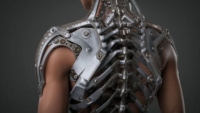 Cybernetic exoskeleton backplate on male torso showing ribbed mechanical spine and armor