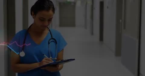 Smiling Nurse Analyzing Medical Graph in Hospital Corridor