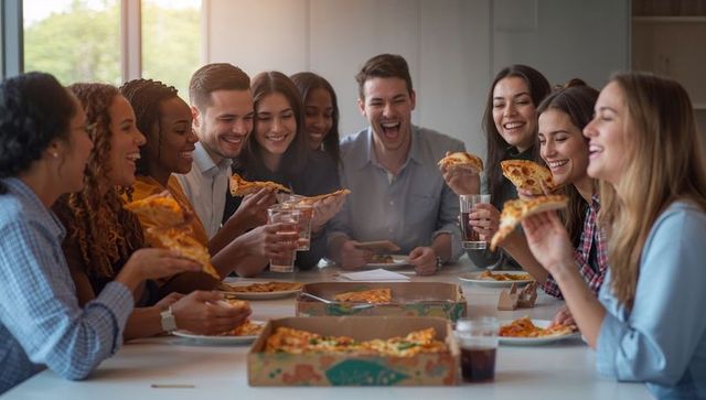 Young diverse team sharing pizza and laughing during casual business lunch gathering