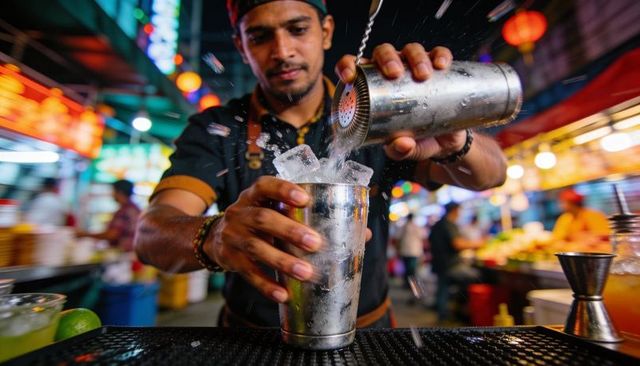 Street bartender shaking cocktail with ice at vibrant night market neon bokeh action