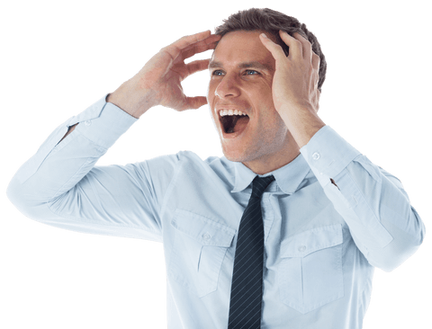 Transparent Stressed Businessman Holding Head in Both Hands