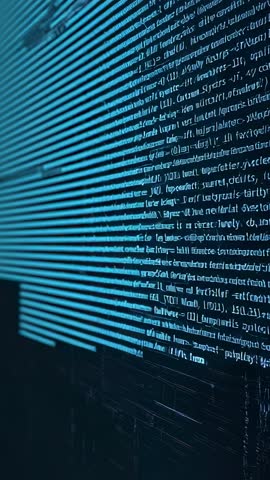 Vertical Cyber Data Stream Revealing Cyan Scanlines and Scrolling Code Columns