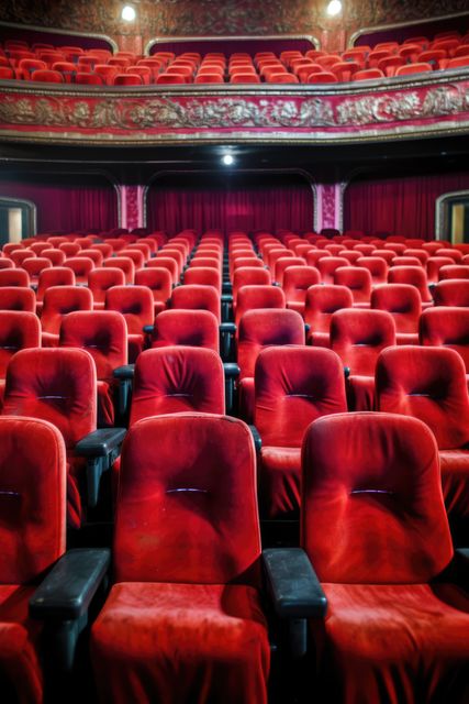 Red theater seats await an audience in an ornate auditorium. Velvet chairs and intricate designs evoke a sense of historical elegance in this entertainment venue.