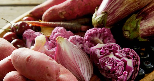 Assortment of Fresh Purple Vegetables and Fruits on Wooden Table - Download Free Stock Images Pikwizard.com