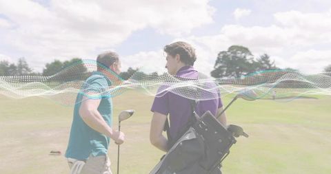 Golfers walking fairway carrying clubs with waveform overlay conveying social outdoor game