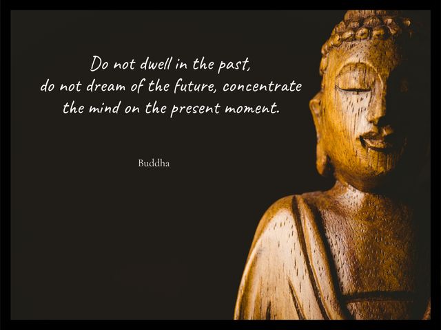 Image depicts a wooden Buddha statue alongside an inspirational quote by Buddha about living in the present moment. Great for use in mindfulness blogs, meditation guides, spirituality publications, motivational posters, and social media posts promoting inner peace and focus.