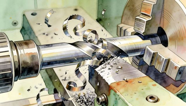 Precision lathe turning steel shaft producing spiral metal shavings and cutting chips