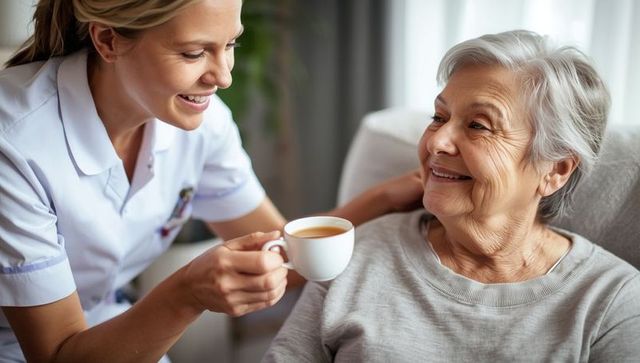 Caring Nurse Serving Tea to Elderly Woman in Comfortable Home Setting