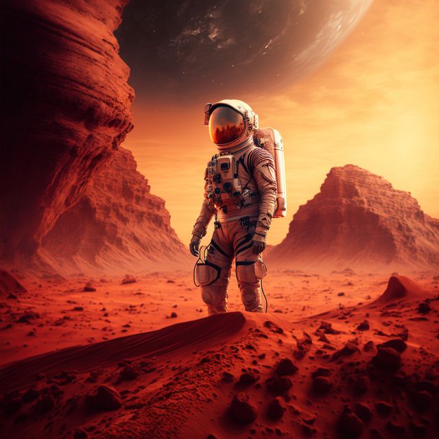 Astronaut exploring planet mars with mountains, created using generative ai technology. Space, planets and astronaut concept, digitally generated image.