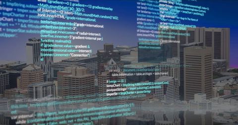Digital Code Flowing Over Modern Urban Skyline