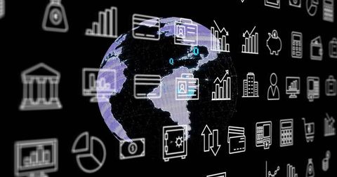 Digital business interface with globe and icons on black background