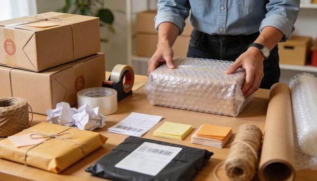 Packing Online Orders with Bubble Wrap and Shipping Supplies for Small Business Owner