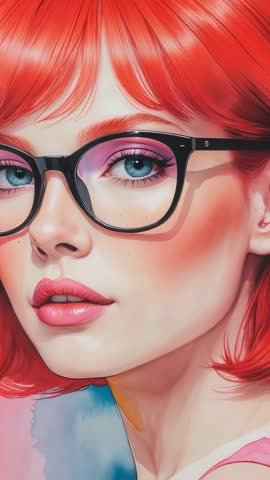 Zooming out revealing stylized red-haired model wearing black glasses in vertical portrait video