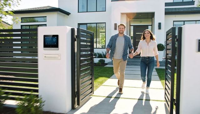 Young couple walking hand-in-hand entering modern suburban home with smart intercom