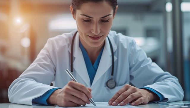 Doctor writing document in clinic office with professional concentration