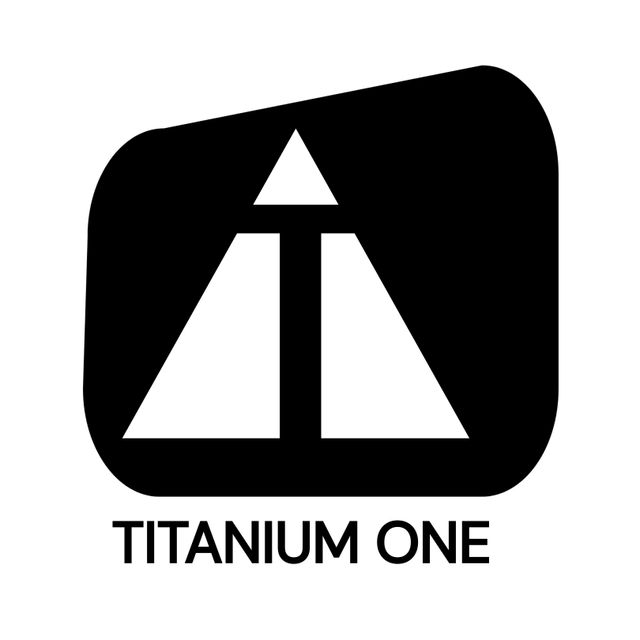 Minimalistic black and white corporate logo design featuring the text 'Titanium One'. Abstract design with a white triangle and T letter in a black shape. Suitable for branding, advertising, business identity, presentations, and marketing materials.