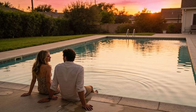 Couple sitting poolside dipping feet at backyard sunset, relaxing romantic moment