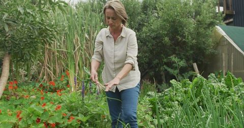 Woman gardening in lush vegetable garden