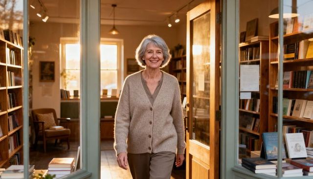 Silver-haired bookstore owner welcoming customers through sunlit open doorway