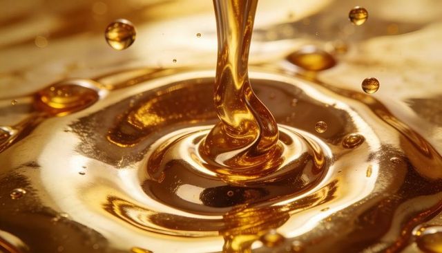 Viscous golden syrup pouring into swirling pool with warm glossy reflections and droplets