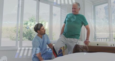 Homecare nurse assisting senior rising from bed during mobility rehab in bright bedroom