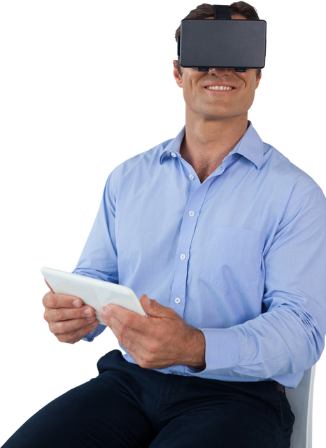 Businessman Holding Tablet Wearing Virtual Reality Glasses Transparent Background - Download Free Stock Videos Pikwizard.com