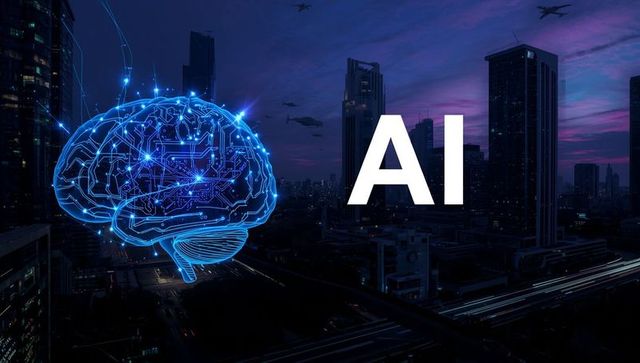 Futuristic brain hologram ai concept in modern city