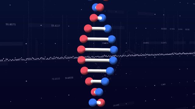 Animated DNA structure intertwines with binary code background, perfect for use in presentations, science educational videos, biotech advertisements, genetic research articles, and futuristic technology demonstrations.