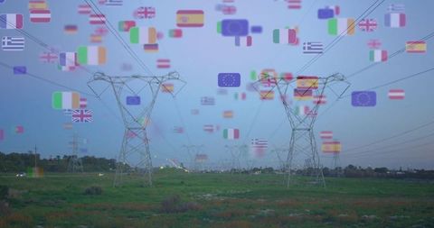 European Flags Flanked by Power Lines at Dusk Over Vast Green Field