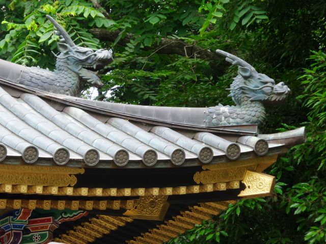 Traditional Asian temple roof decorated with detailed dragon ornaments, showcasing intricacies of cultural and architectural heritage. Suitable for projects related to travel, culture, architecture, history, or religious studies. Highlights beauty and craftsmanship of traditional designs.