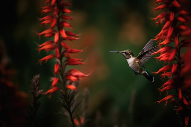 Hummingbird hovering by red flower, copy space, created using generative ai technology. Beauty in nature, wildlife, agility and feeding concept digitally generated image.