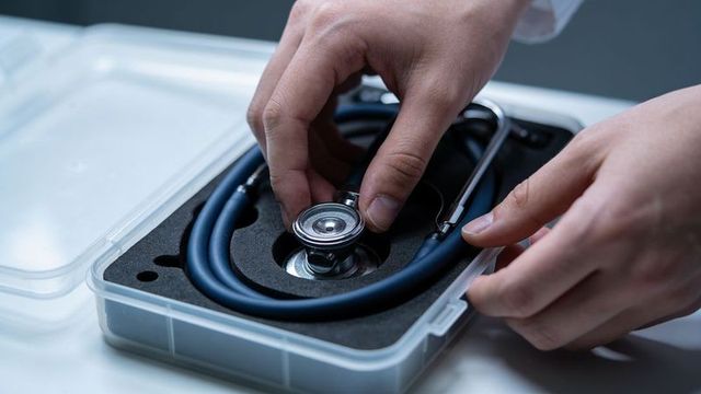 Doctor placing stethoscope into clear foam case on clinical tabletop for safe storage