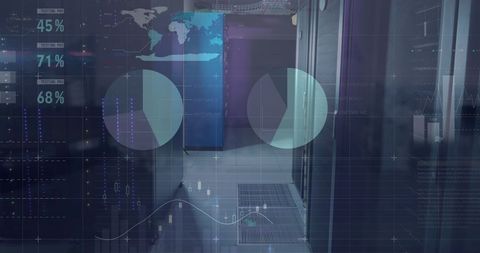 Digital data analytics overlay on server room