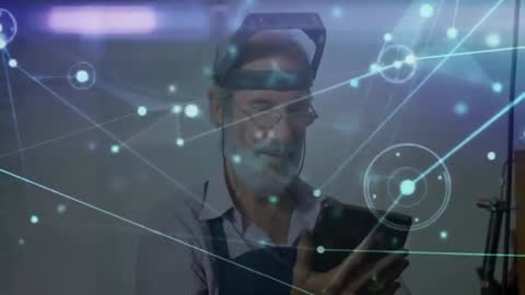 Technician Using Tablet with Holographic Data Visualization