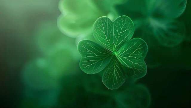 Four-Leaf Clover Showing Delicate Veins with Soft Bokeh Green Background for Luck