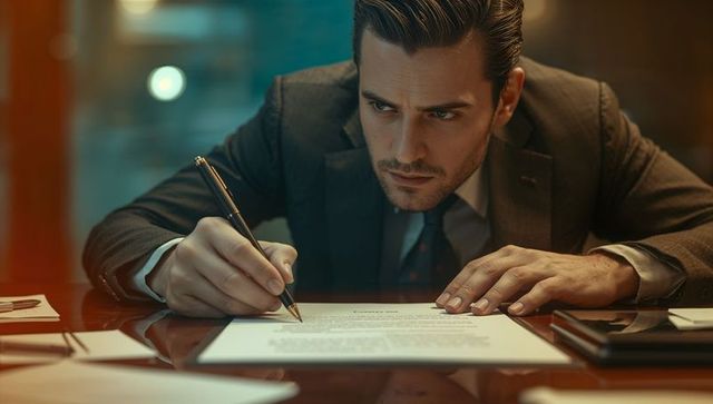 Focused Businessman Signing Contract in Office Environment