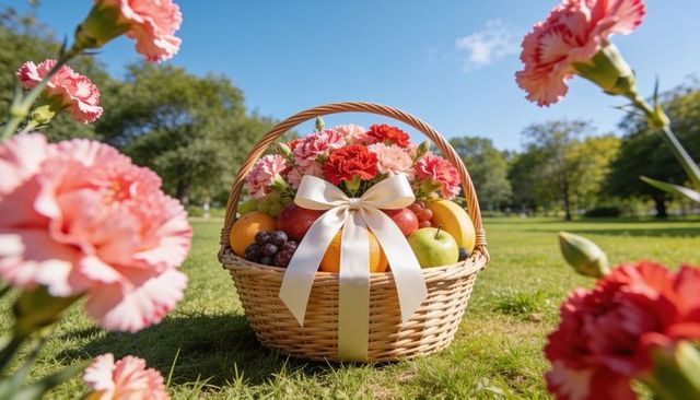 Wicker basket tied with cream satin ribbon overflowing with fruit and pink carnations on sunny lawn