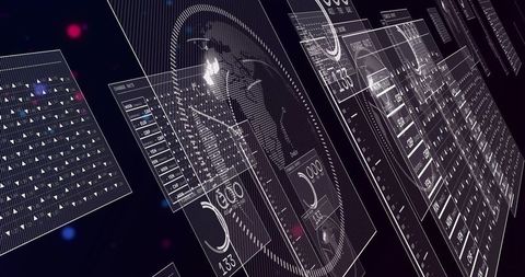 Floating Holographic Dashboard Showing 3D Data Panels, Global Analytics and Wireframe UI