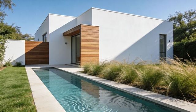 Minimalist modern white stucco home featuring wood cladding and narrow lap pool
