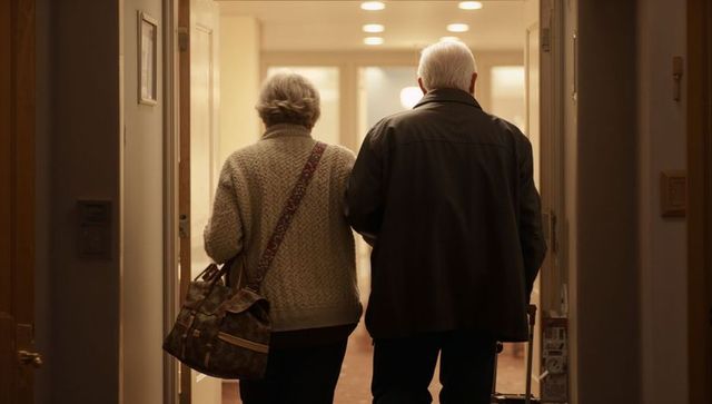 Senior couple walking arm-in-arm down warm hotel corridor carrying luggage and bag